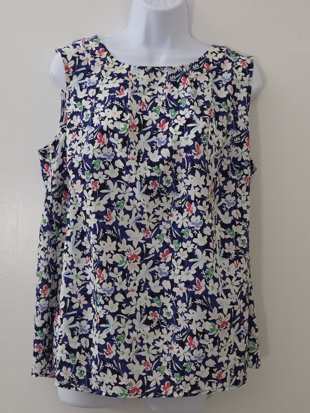 Talbots Navy Floral Sleeveless Shell with White, Green & Red Accents